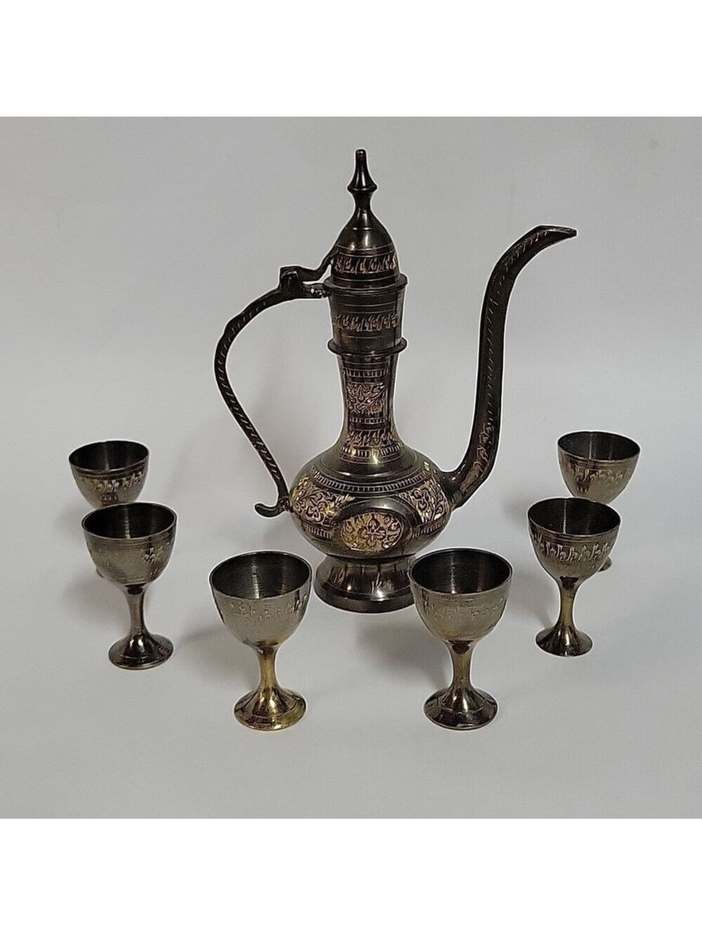 Vintage Brass Pewter Middle Eastern Etched Engraved Pot Plus (6) Goblets